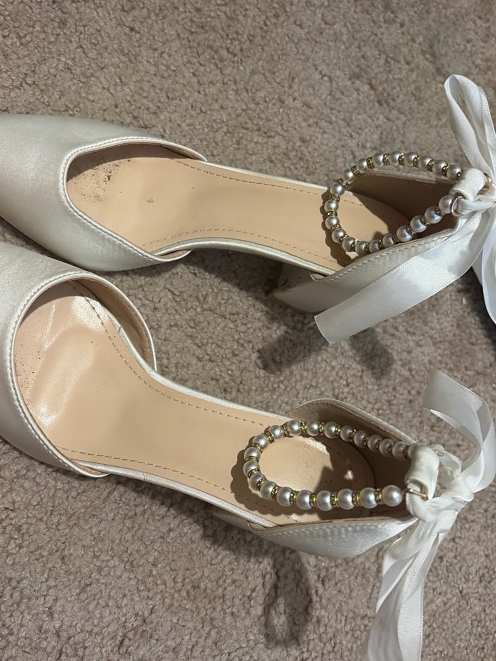 SHEIN Pearl-Embellished Ivory Satin Ankle Strap Heels